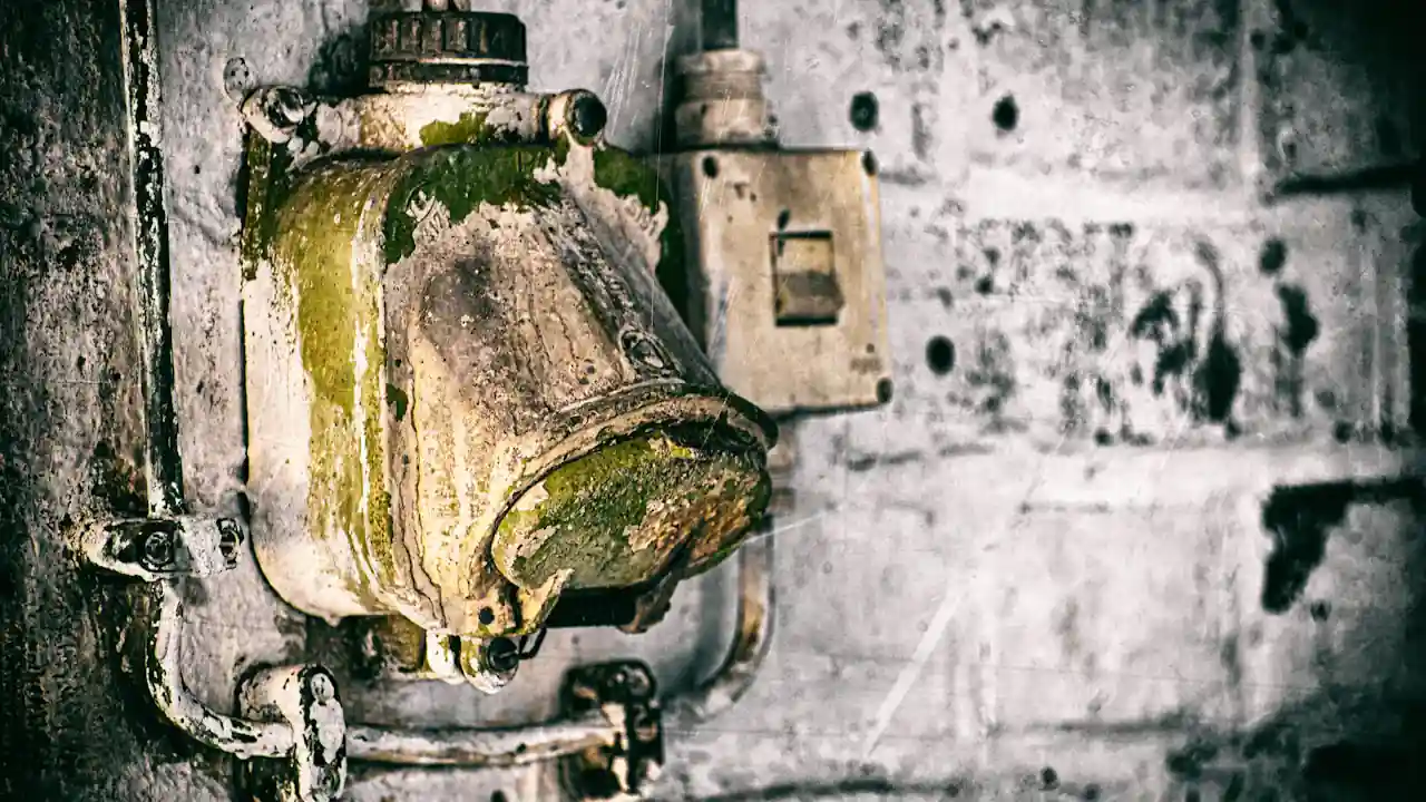 Corroded brass plumbing fitting on a wall