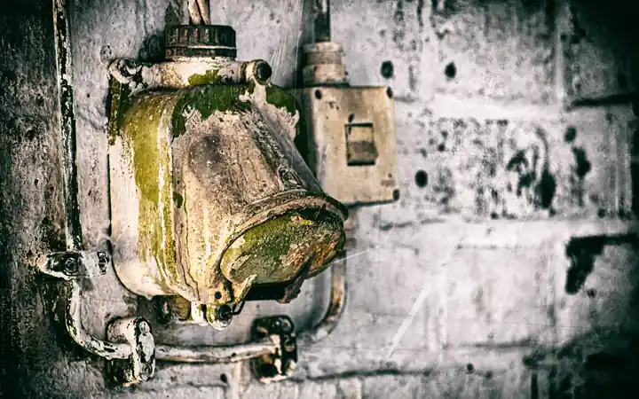 Water heater anode rod replacement in La Mirada: corroded brass plumbing fitting on a wall