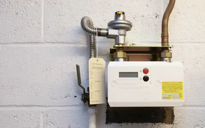 Water heater gas control valve repair in La Mirada: gas line with valve and meter on a wall